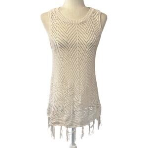 Surf Gypsy Crochet Fringe Swim Cover Up Tunic Dress Boho Beach White Small